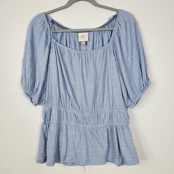 Knox Rose peasant top square neck puffed sleeves smocked waist baby blue women L - Picture 1 of 11